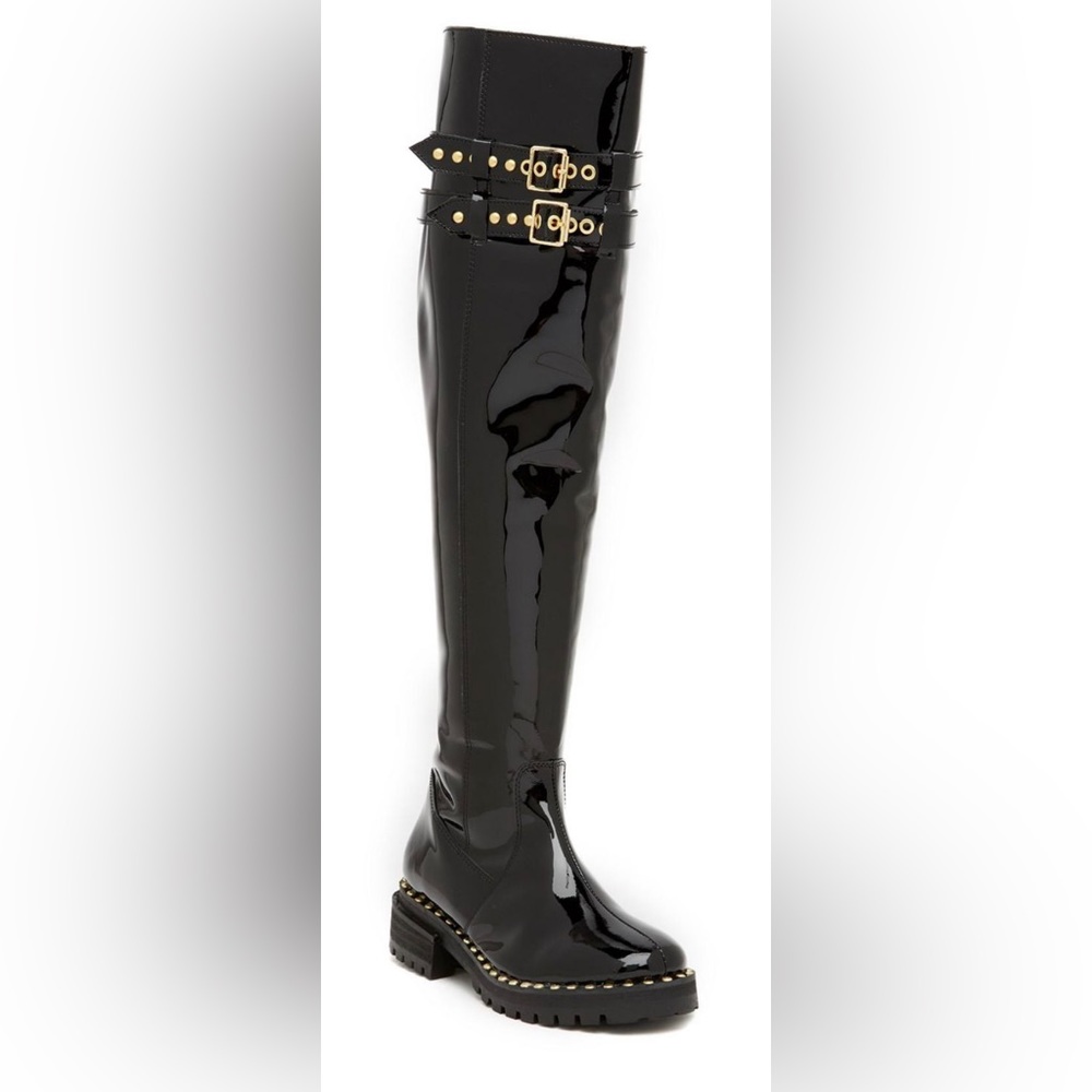Jeffrey Campbell Trishna Studded Black Patent Leather OTK Boots New  8